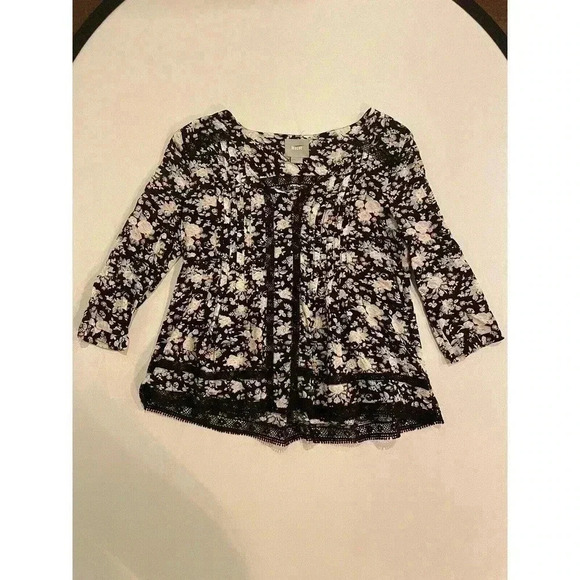 Maeve Anthropologie Shirt Long Sleeve Black Floral Blouse 0 XS Lace Pleated Boho - Picture 3 of 4